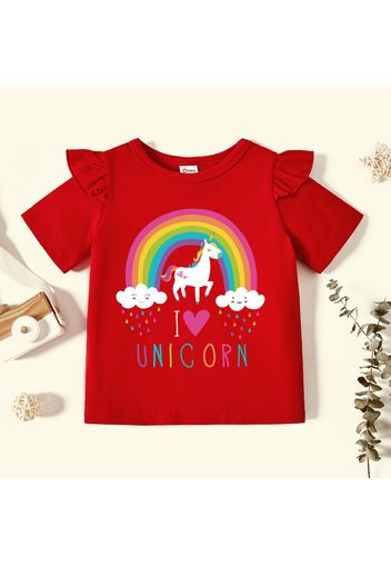 Toddler Girl Graphic Unicorn and Rainbow and Heart Print Ruffled Short-sleeve Tee