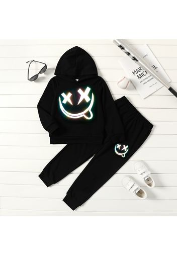 2pcs Kid Boy Reflective Emojis Print Black Hoodie Sweatshirt and Pants Set