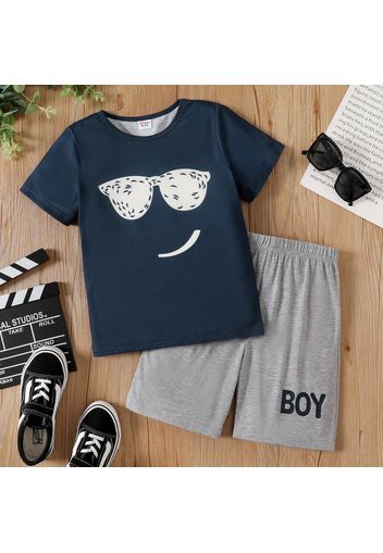 2pcs Kid Boy Face Emoji Print Short-sleeve Tee and Letter Print Shorts Set