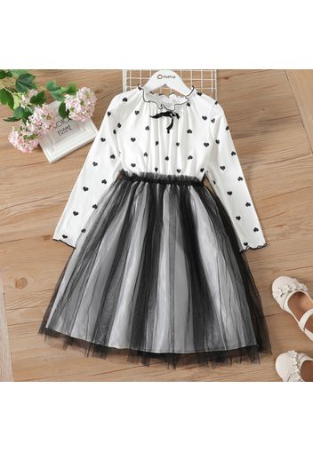 Kid Girl Heart Print Ruffle Collar Bowknot Design Mesh Splice Long-sleeve Dress