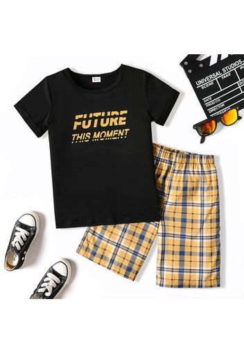 2pcs Kid Boy Letter Print Short-sleeve Black Tee and Plaid Shorts Set