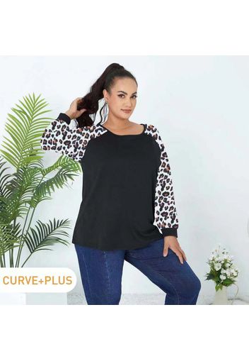 Women Plus Size Casual Leopard Long Raglan Sleeve T-shirt