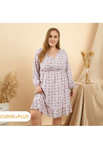 Women Plus Size Vacation Floral Print Surplice Neck Ruffle Hem Dress