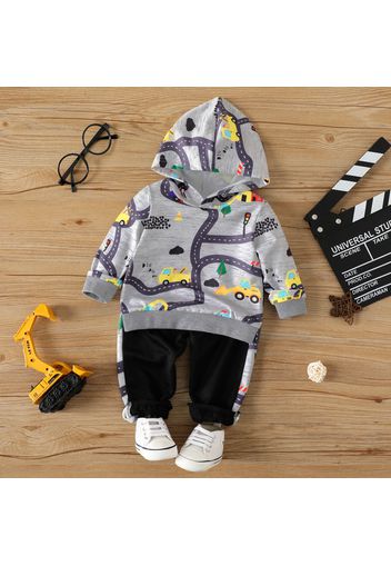 2pcs Baby Boy Allover Vehicle Print Long-sleeve Hoodie and Sweatpants Set