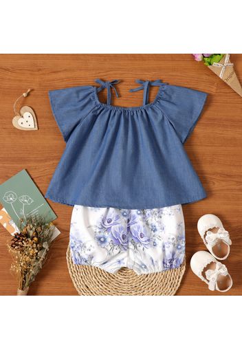 2pcs Baby Girl Imitation Denim Cold Shoulder Short-sleeve Top and Floral Print Shorts Set