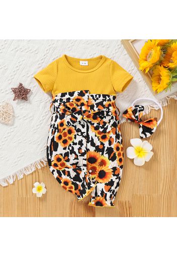 2pcs Baby Girl Ribbed Short-sleeve Splicing Sunflower Leopard Belted Jumpsuit with Headband Set