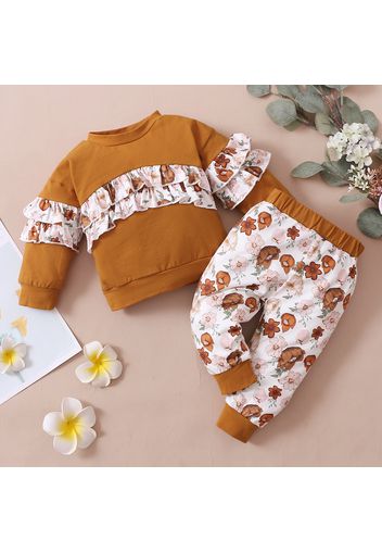 2-piece Toddler Girl Ruffled Floral Print Pullover Sweatshirt and Elasticized Pants Set