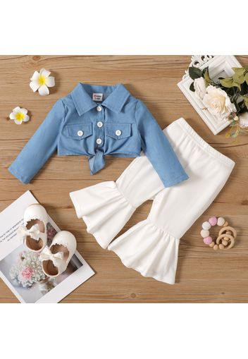 2pcs Baby Girl Button Up Knot Front Long-sleeve Crop Top and Flared Pants Set