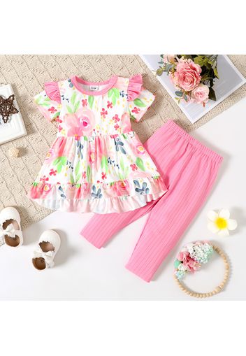 2pcs Baby Girl Pink Floral Print Short-sleeve Ruffle Top and Ribbed Pants Set