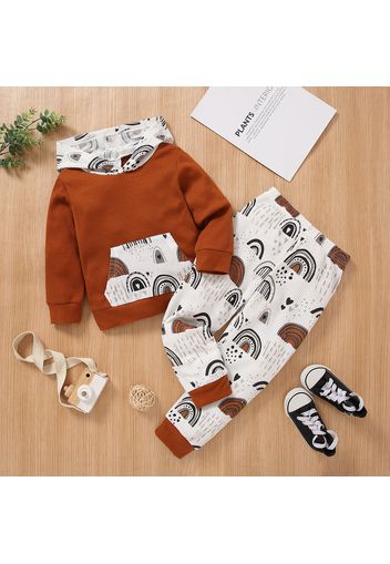 2-piece Toddler Boy Rainbow Print Waffle Textured Hoodie Sweatshirt and Pants Set