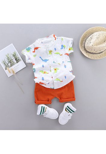 2pcs Toddler Boy Playful Dinosaur Print Shirt and Shorts Set