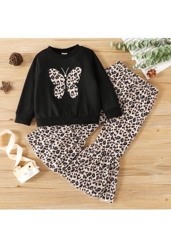 2-piece Toddler Girl Butterfly Print Black Pullover Sweatshirt and Leopard Print Flared Pants Set