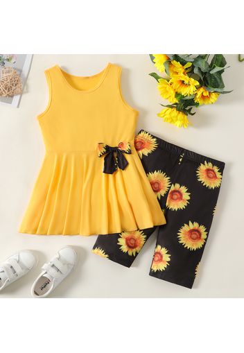 2pcs Kid Girl Bowknot Design Sleeveless Tee and Floral Print Leggings Shorts Set