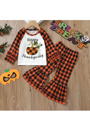 2-piece Toddler Girl Letter Pumpkin Print Thanksgiving Plaid Long-sleeve Top and Flared Pants Set