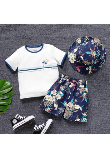 3pcs Toddler Boy Vacation Floral Print Straw Hat and Short-sleeve Tee & Shorts Set