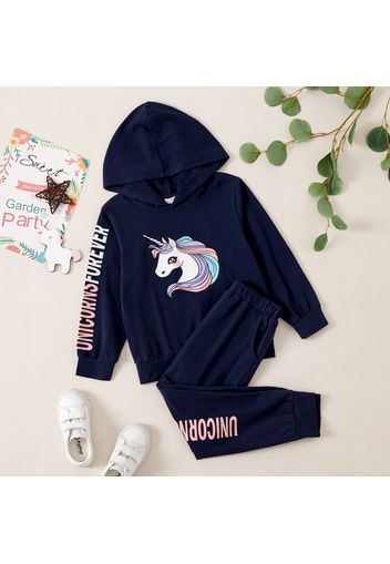 Unicorn Print Hooded Sweatshirt and Letter Pants Set for Toddlers/Kids