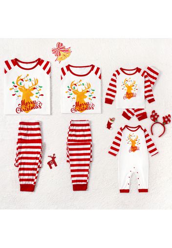 Christmas Golden Deer and Letter Print Family Matching Long-sleeve Red Striped Pajamas Sets (Flame Resistant)