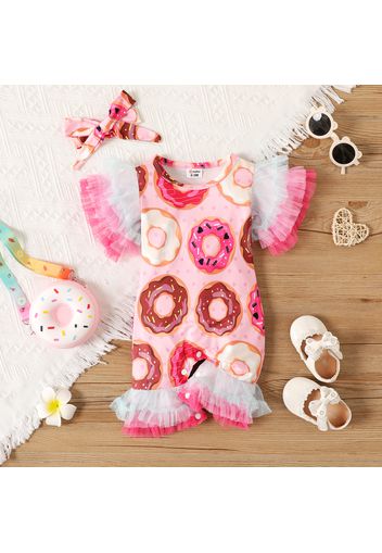 2pcs Baby Girl Allover Donut Print Layered Mesh Short-sleeve Jumpsuit with Headband Set