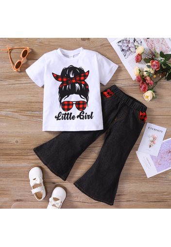 2pcs Toddler Girl Letter Cartoon Print Short-sleeve Tee and Plaid Design Flared Denim Jeans Set