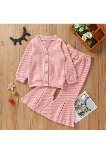 2-piece Toddler Girl Waffle Button Design Solid Color Cardigan and Flared Pants Set