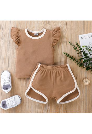 2pcs Baby Girl Ribbed Flutter-sleeve Top and Shorts Set