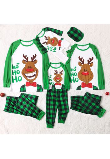 Christmas Elk and Letter Print Family Matching Long-sleeve Green Plaid Pajamas Sets (Flame Resistant)