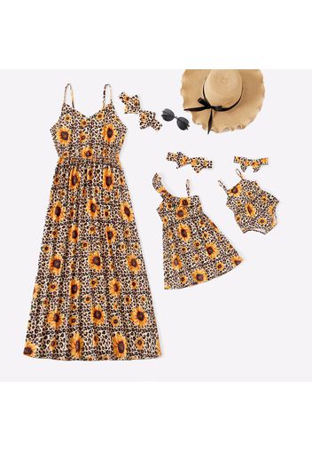 Sunflower and Leopard Print Sleeveless Matching Khaki Midi Sling Dresses