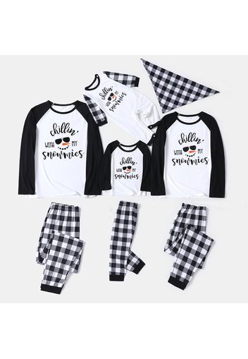 Christmas Snowman Face and Letter Print Family Matching Raglan Long-sleeve Plaid Pajamas Sets (Flame Resistant)