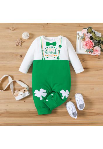 St. Patrick's Day Baby Boy/Girl Four-leaf Clover and Letter Print Faux-two Long-sleeve Jumpsuit