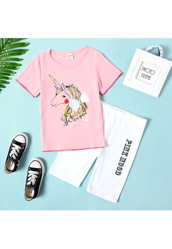 2-piece Kid Girl Unicorn Print Lettuce Trim Short-sleeve Tee and Letter Print Shorts Set