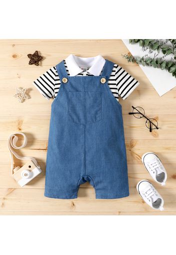 2pcs Baby Boy Contrast Collar Short-sleeve Striped Romper and Imitation Denim Overall Shorts Set