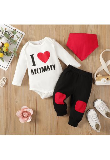 3pcs Baby Girl 95% Cotton Long-sleeve Love Heart & Letter Print Romper and Patch Detail Sweatpants with Bib Set