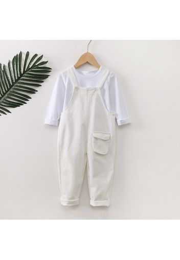 2-piece Toddler Girl/Boy White Long-sleeve Tee Pocket Button Design Solid Overalls Set