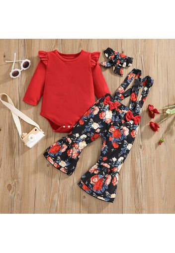 3-piece Baby Girl Ruffled Long-sleeve Red Romper, Bowknot Design Floral Print Overalls and Headband Set