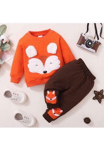 2pcs Baby Boy Cartoon Fox Pattern Orange Long-sleeve Sweatshirt and Trousers Set