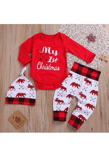 Baby 3pcs Christmas Letter and Animals Print Red Long-sleeve Set