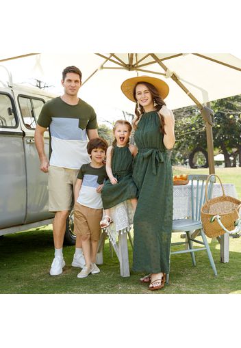 Family Matching Dark Green Swiss Dot Halter Neck Sleeveless Maxi Dresses and Colorblock Short-sleeve T-shirts Sets