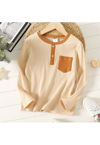 Kid Boy Colorblock Pocket Design Ribbed Long-sleeve Cotton Tee