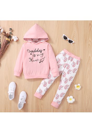 2-piece Toddler Girl Letter Print Pink Hoodie Sweatshirt and Unicorn Print Pants Set