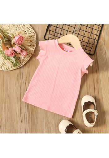 Toddler Girl Solid Color Ribbed Ruffled Flutter-sleeve Dress