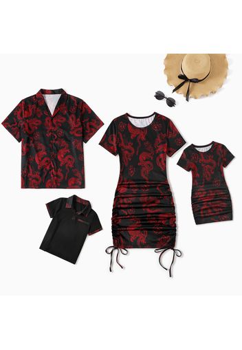 Family Matching All Over Dragon Print Short-sleeve Drawstring Ruched Bodycon Dresses and Button UP Tops Sets