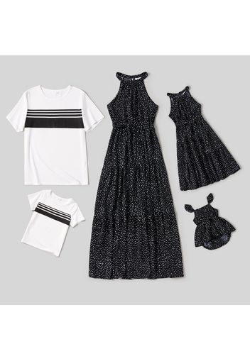 Black Polka Dot Print Family Matching Sets(Sleeveless Halter Neck Maxi Belted Dresses and Striped Short-sleeve T-shirts)