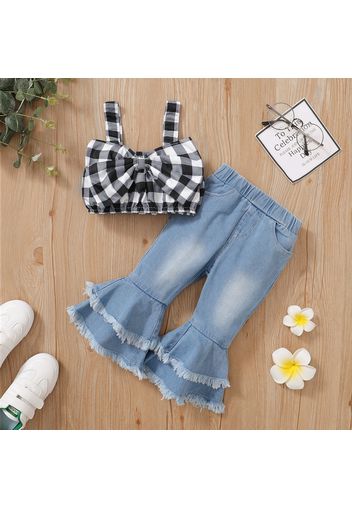 Denim 2pcs Plaid Print Sleeveless Baby Set