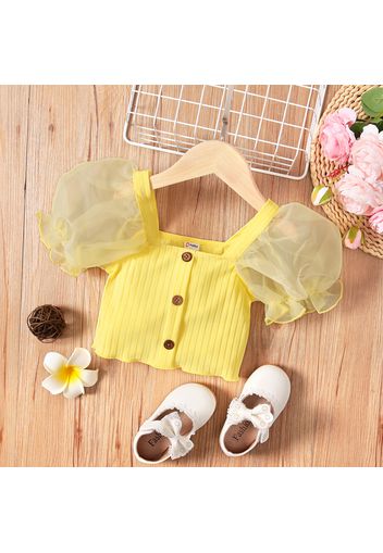 Toddler Girl Square Neck Button Design Mesh Puff-sleeve Tee