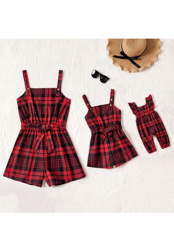 Christmas Red Plaid Sleeveless Belted Romper Shorts for Mom and Me