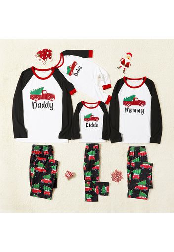 Christmas Tree in Car and Letter Print Family Matching Raglan Long-sleeve Pajamas Sets (Flame Resistant)