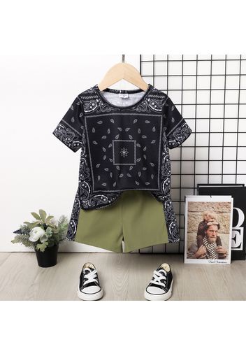 2pcs Toddler Boy Boho Exotic Allover Print Short-sleeve Tee and Colorblock Shorts Set