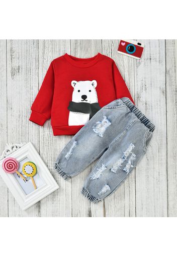 2pcs Baby Polar Bear Print Long-sleeve Sweatshirt and Ripped Denim Jeans Set