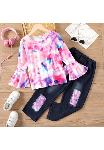 2-piece Kid Girl Tie Dyed Long Bell sleeves Top and Patchwork Denim Jeans Set