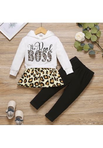 2-piece Toddler Girl Letter Leopard Print Faux-two Hoodie Sweatshirt and Black Pants Set